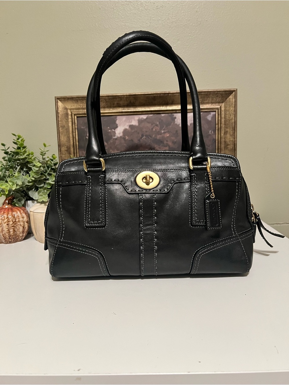 Coach Black Leather Turn-Lock Satchel